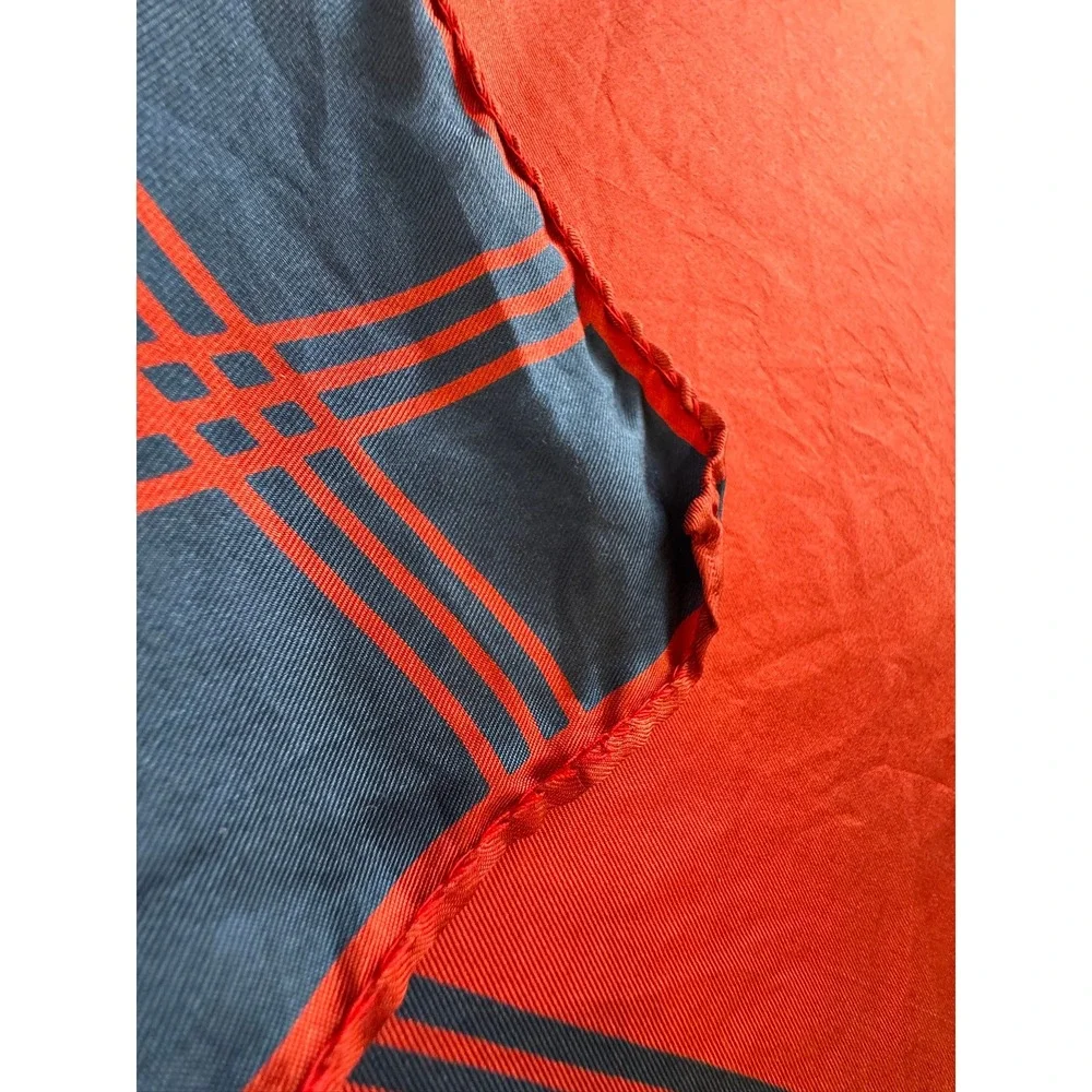 Oleg Cassini Red Navy Blue Silk Square Scarf Made in Italy Hand Rolled 26in